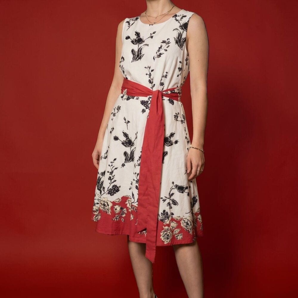 Yaly Couture Romantic Tomato Girl Floral Sleeveless Linen Midi Dress with Sash